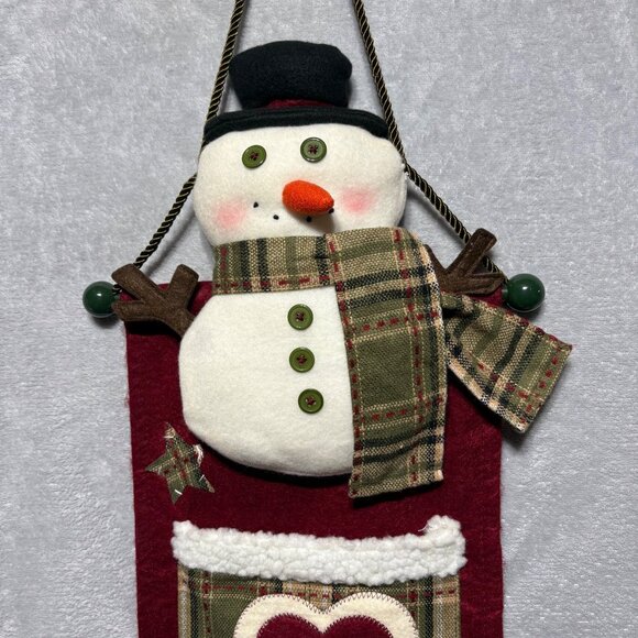 Snowman Wall Hanging With Pockets 45" Festive Plaid & Felt Christmas Card Decor - Picture 2 of 7